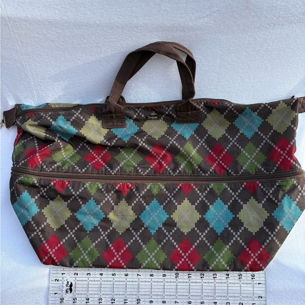 Vera Bradley Brown Argyle Zip-Top Tote with Red, Green & Teal Diamonds